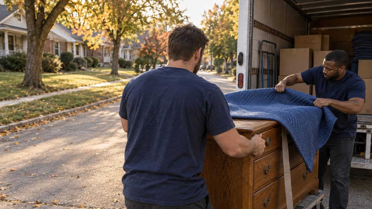 Moving day in Kansas City Ks: use a 35mm lens with gentle depth of field, camera at shoulder height directly behind a mover.