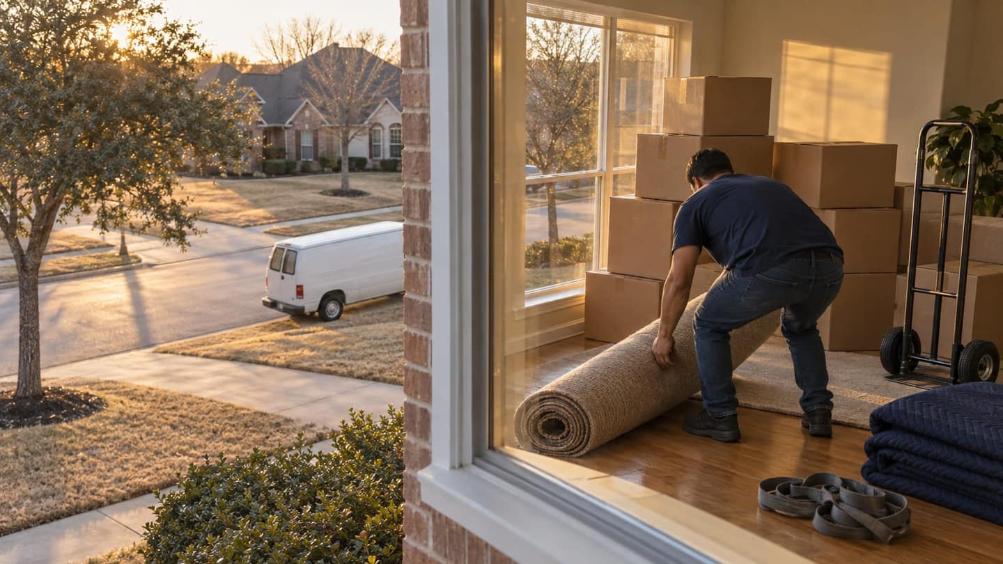 Moving day in Katy: inside, unmarked brown corrugated boxes are stacked securely beside the street-facing window on an oak floor.