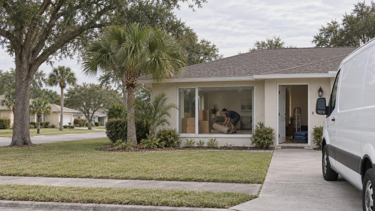 Moving day in Kissimmee: folded quilted moving blankets and coiled straps rest beside an empty upright hand truck inside the doorway.