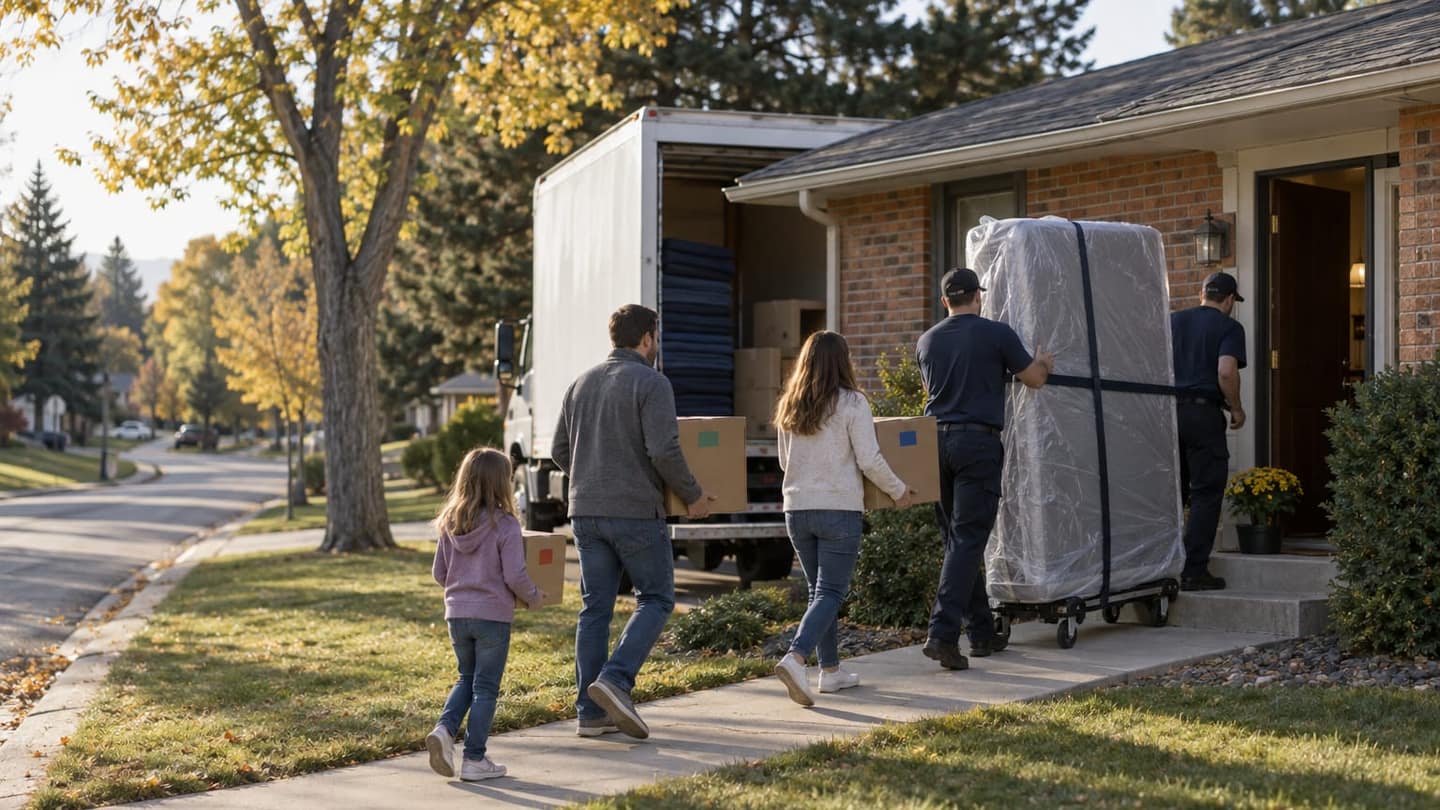 Moving day in Littleton: two parents carry their first brown corrugated boxes toward an open front door, hands supporting box bottoms.