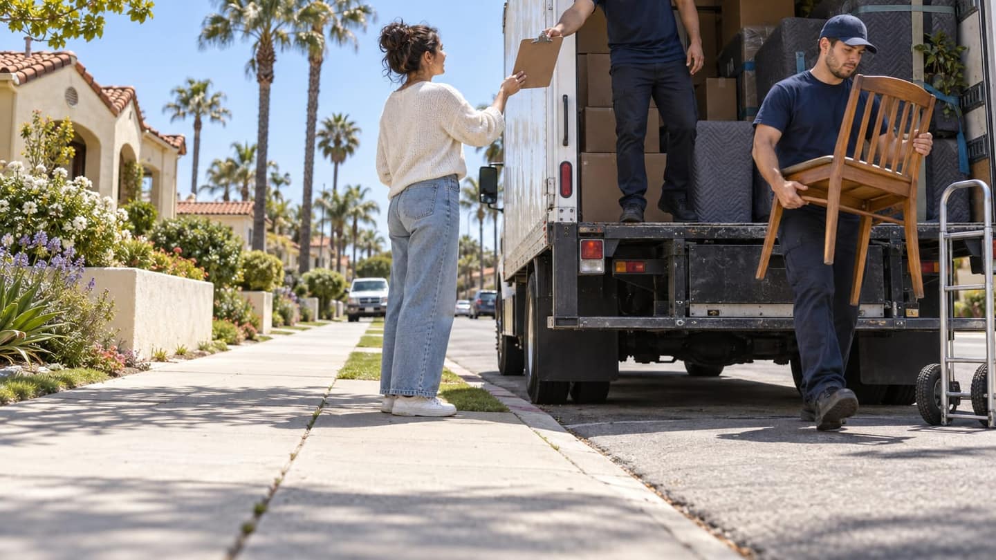 Moving day in Long Beach: another navy-shirted mover carries a wooden dining chair, one hand beneath the seat and the other gripping its back.