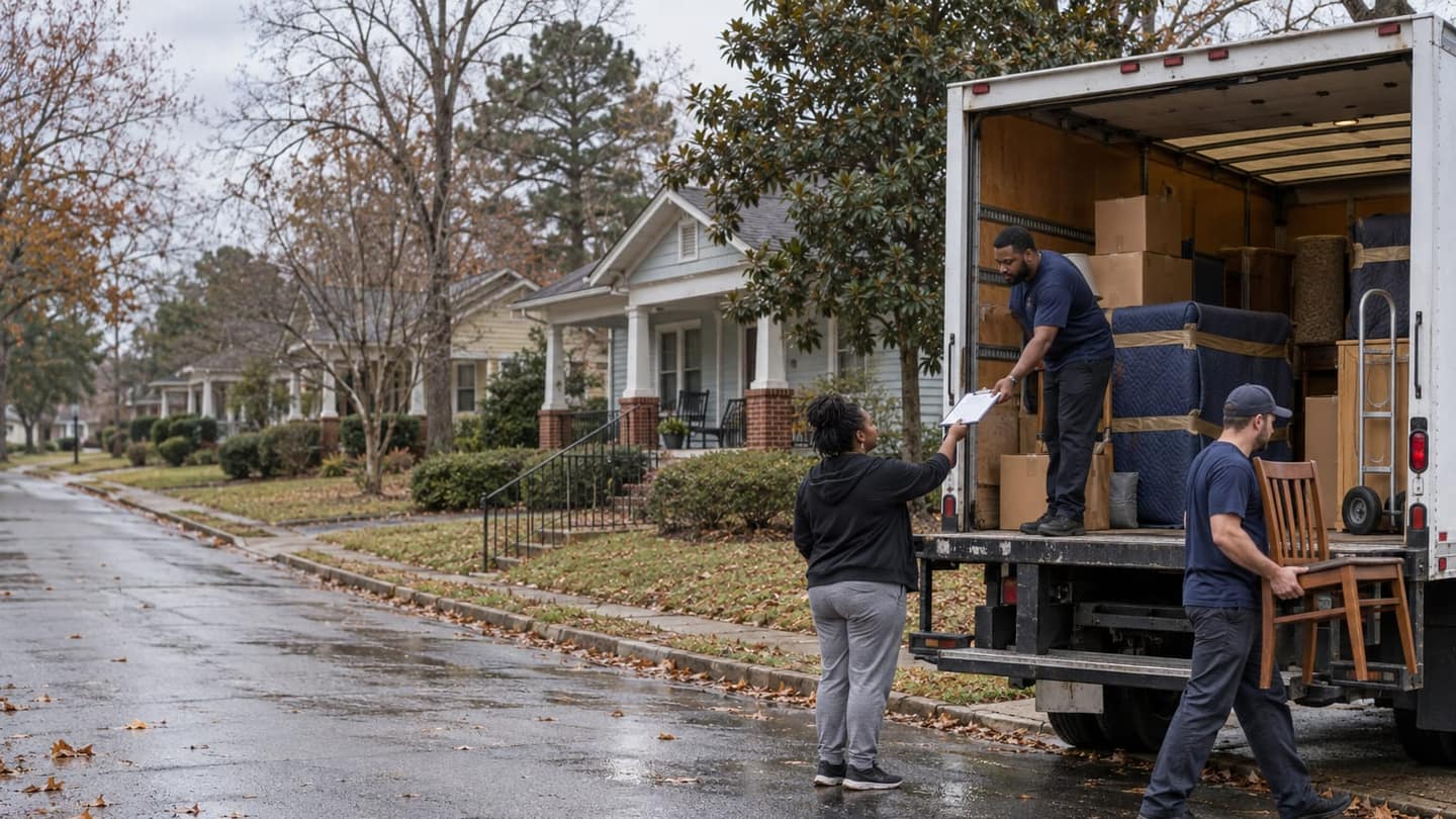 Moving day in Macon: a plain white moving truck parked parallel to the curb is seen obliquely from its open rear and side.