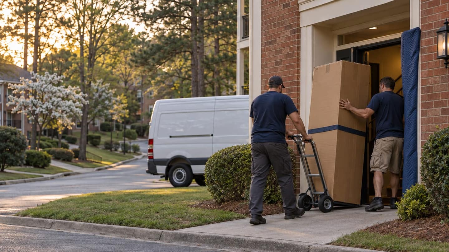 Moving day in Marietta: one grips both handles of a steel hand truck; the other steadies the box sides with open hands.