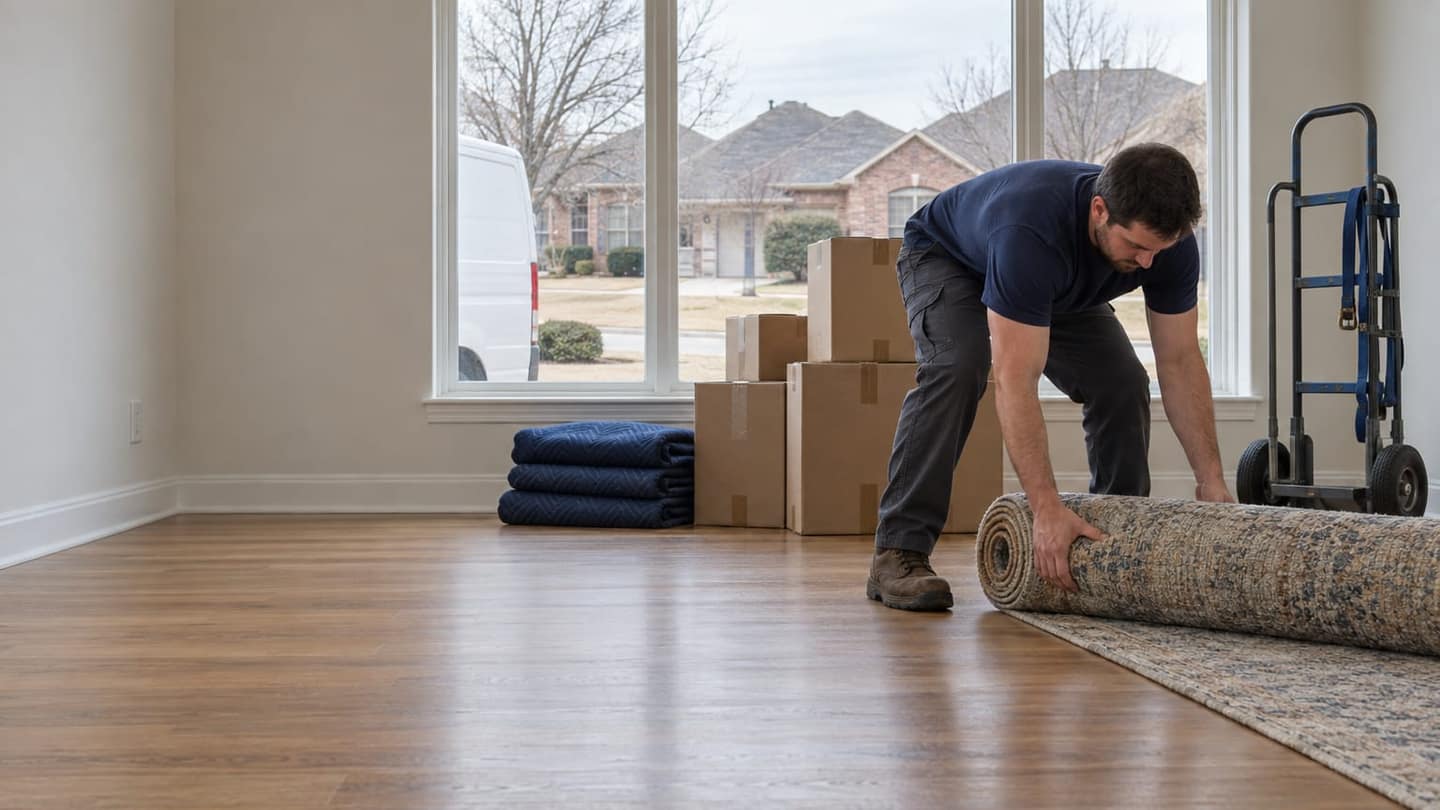 Moving day in Mckinney: a mover in a plain navy T-shirt, work trousers and boots bends with knees flexed.