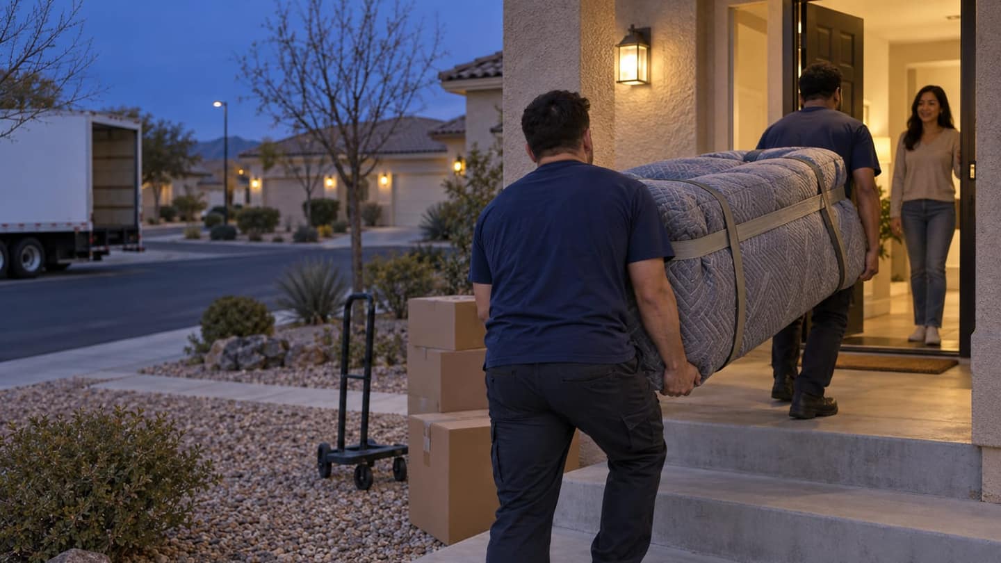 Moving day in North Las Vegas: gray quilted moving blankets fully wrap the sofa, secured snugly with webbing straps.