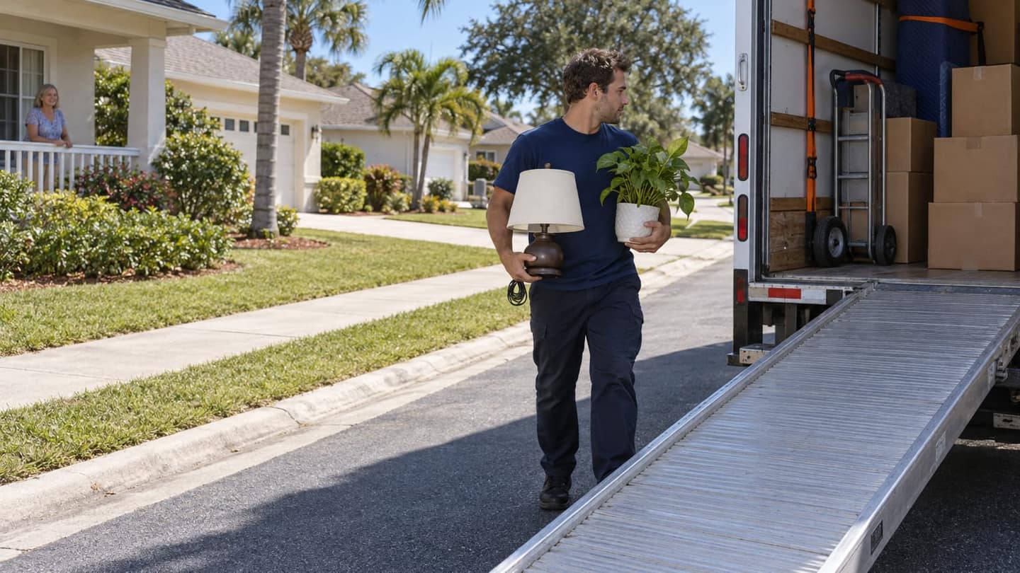 Moving day in Port Saint Lucie: a plain white moving truck is parked parallel to the curb, seen obliquely from its rear side.