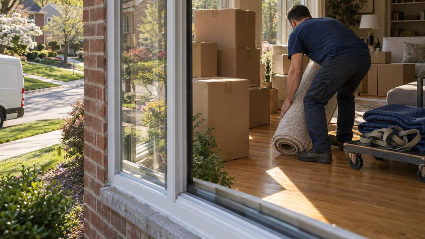 Moving day in Rockville: inside, unmarked brown corrugated boxes, sealed with plain tan tape.