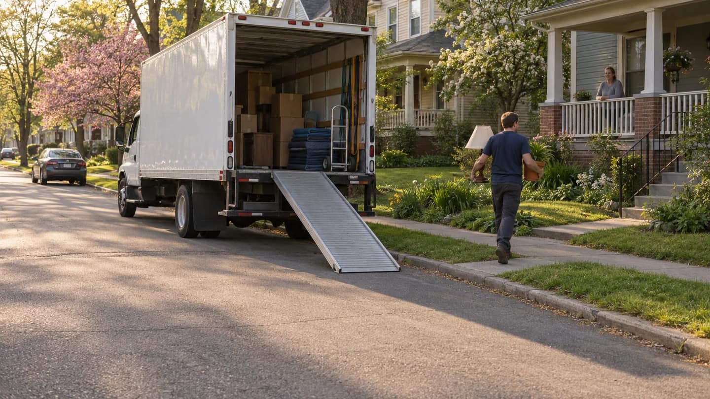 Moving day in Saint Paul: show a plain white moving truck parked parallel to the curb, viewed obliquely from its side and rear.
