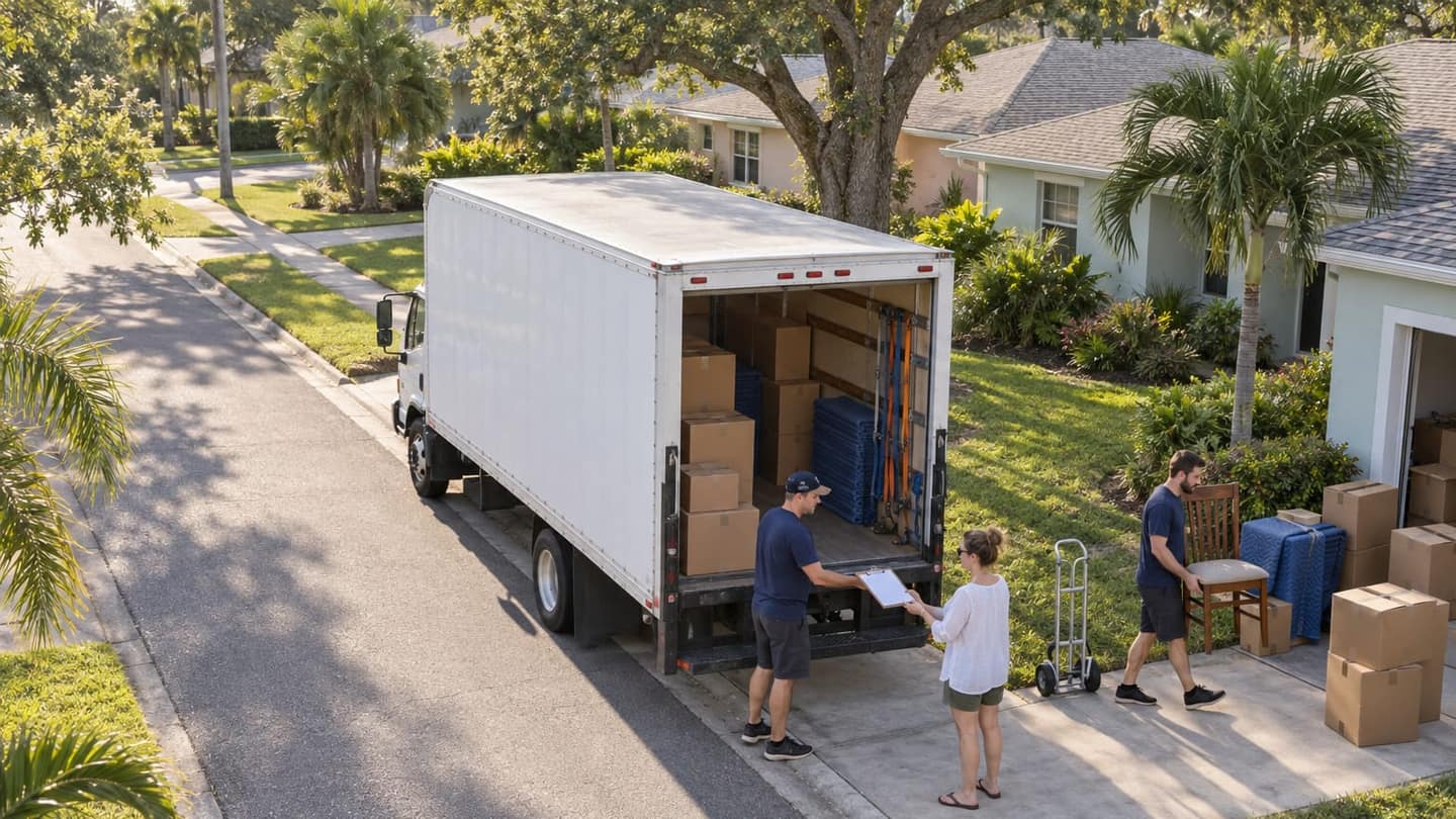 Moving day in Saint Petersburg: a plain white box truck is parked curbside, seen from above and behind, rear cargo door open.