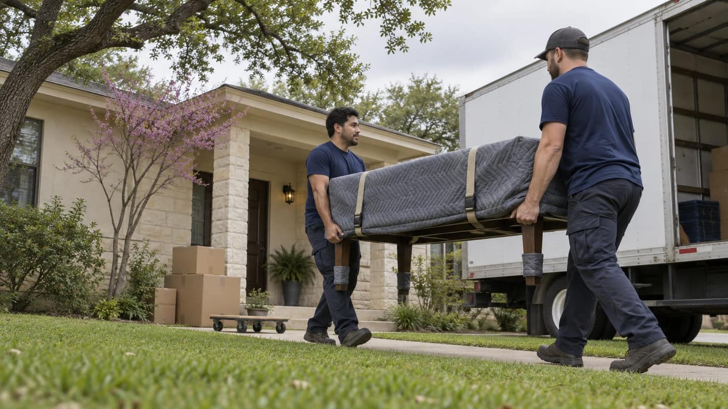 A household move in San Antonio, TX. Architecture, street trees, weather and light recognisably typical of a San Antonio, TX neighbourhood, no landmarks close up. Moment: movers carrying a wrapped dining table across a front lawn or courtyard toward the entrance. Camera: low angle from near the ground looking up at the action. Light: overcast diffuse daylight. Season: spring with fresh leaves and blossom, as that season really looks in this place's climate (no autumn colour or snow where the place does not get them). Illustration generated for Haulest.