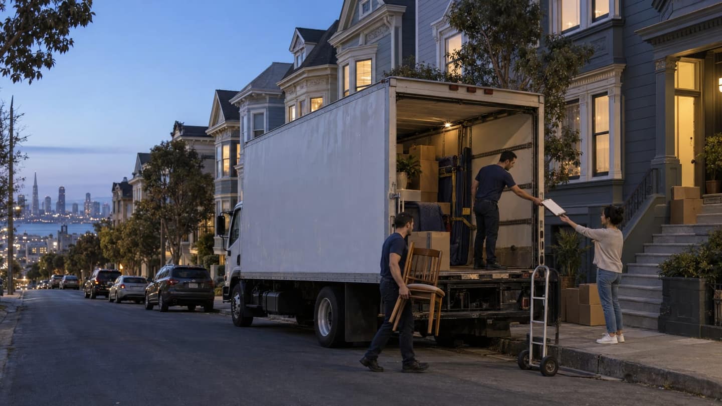 A household move in San Francisco, CA. Architecture, street trees, weather and light recognisably typical of a San Francisco, CA neighbourhood, no landmarks close up. Moment: a mover handing a clipboard inventory to the resident at the back of the truck while another carries a dining chair. Camera: wide establishing shot from across the street, people small in frame. Light: blue hour just after sunset with warm window light. Season: a dry sunny winter day, as that season really looks in this place's climate (no autumn colour or snow where the place does not get them). Illustration generated for Haulest.