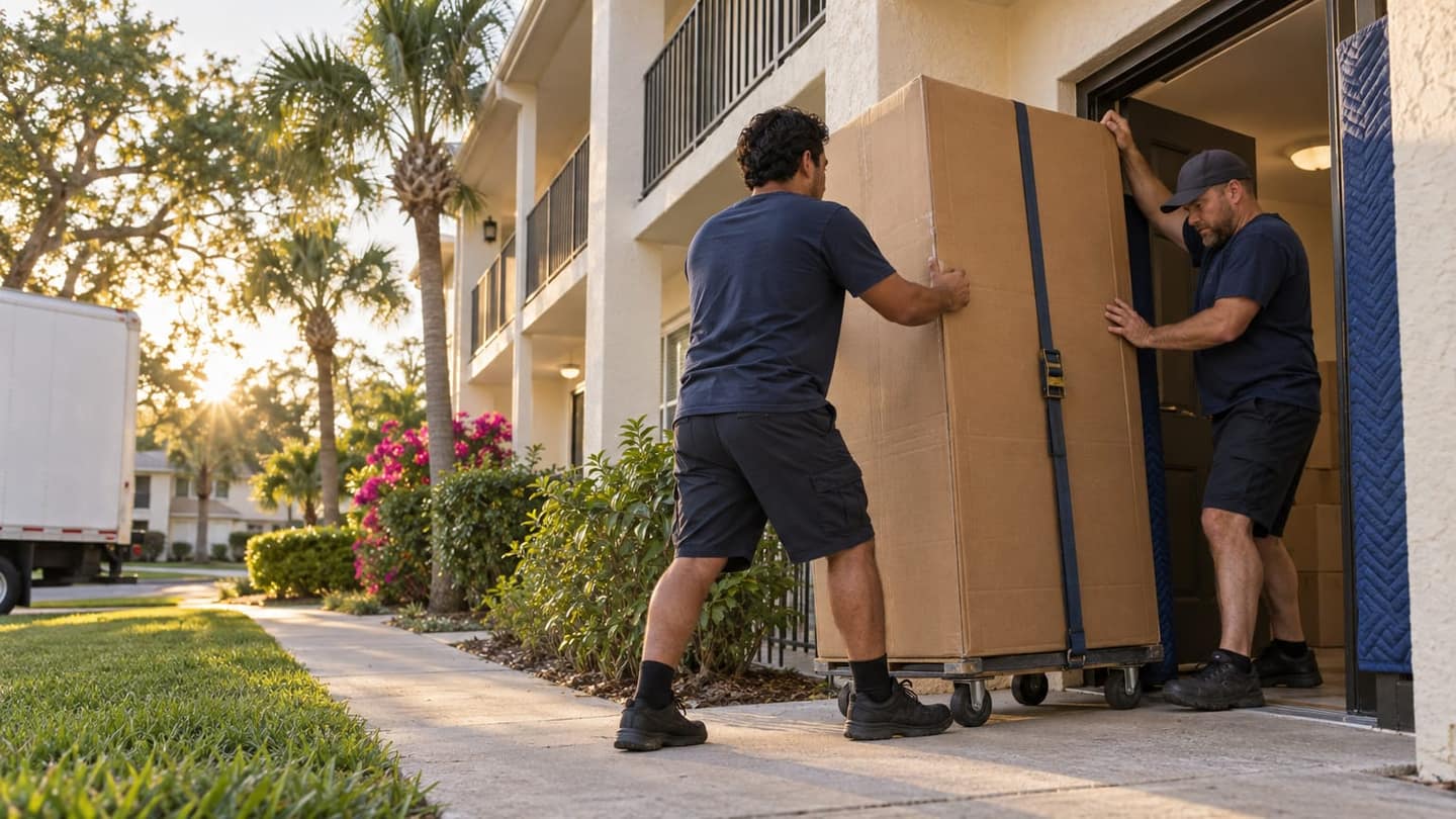 A household move in Sarasota, FL. Architecture, street trees, weather and light recognisably typical of a Sarasota, FL neighbourhood, no landmarks close up. Moment: movers guiding a wardrobe box through the entrance of a small apartment building. Camera: low angle from near the ground looking up at the action. Light: warm golden hour. Season: spring with fresh leaves and blossom, as that season really looks in this place's climate (no autumn colour or snow where the place does not get them). Illustration generated for Haulest.