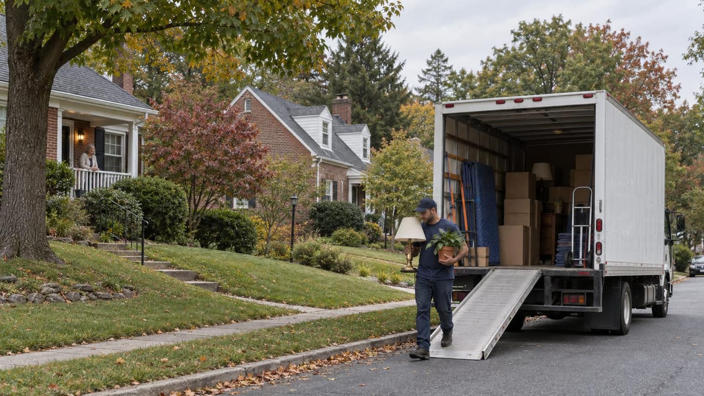Moving day in Silver Spring: a plain white moving truck is parked curbside, viewed obliquely from its side and rear.