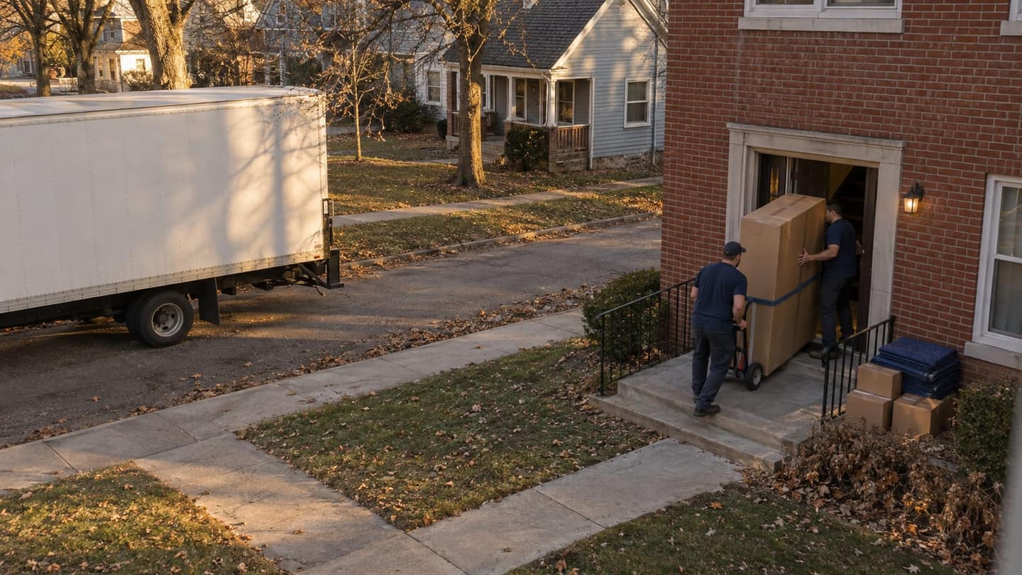 Moving day in South Bend: one grips both handles of a two-wheel appliance dolly; its toe plate supports the box, secured with a snug horizontal strap.