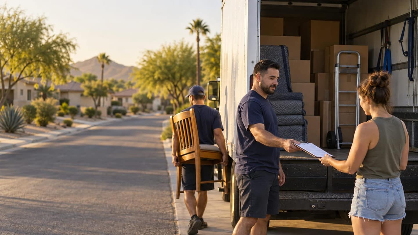 Moving day in Tempe: behind them another navy-shirted mover carries a wooden dining chair, both hands gripping beneath the seat.