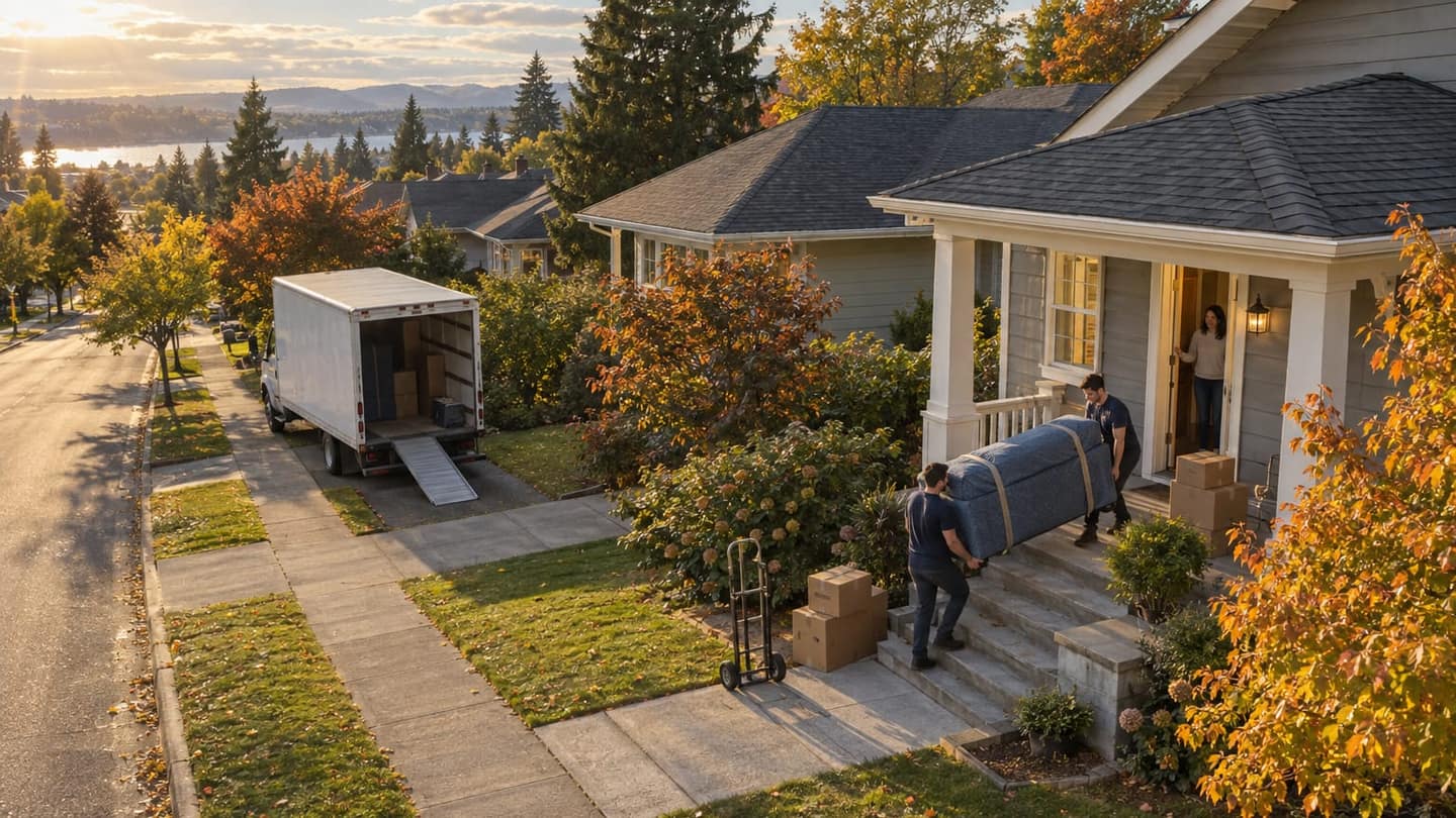 Moving day in Vancouver: quilted blue-gray moving blankets completely wrap the sofa, secured by snug webbing straps.