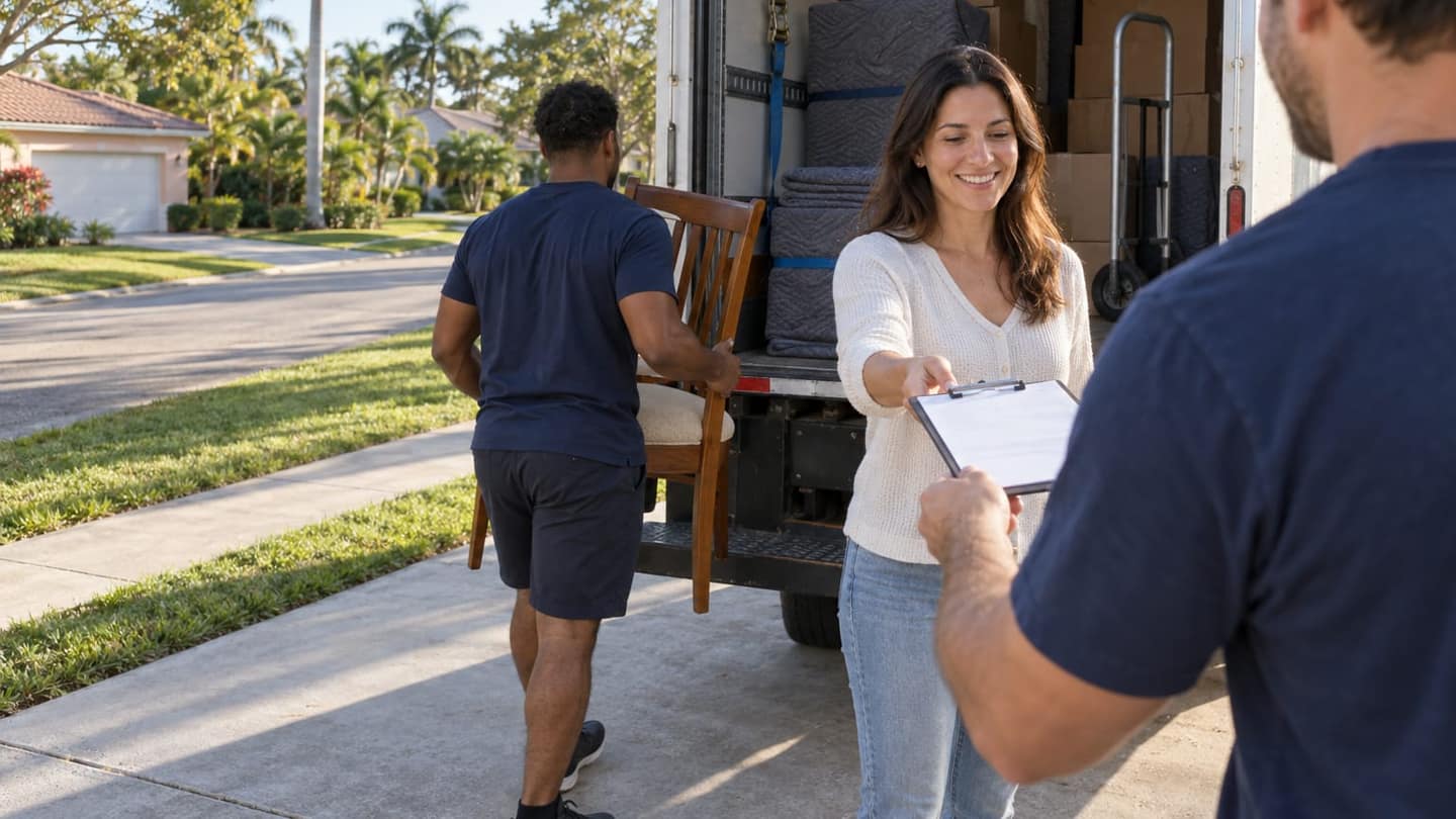 Moving day in West Palm Beach: another mover carries a wooden dining chair upright, gripping its seat frame with both hands.