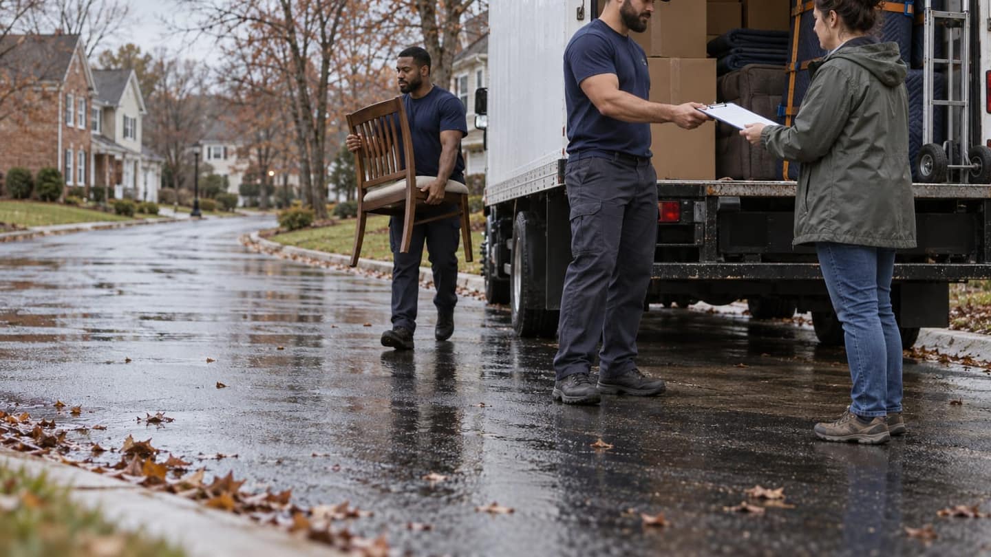 Moving day in Woodbridge: another mover walks carrying a wooden dining chair close to his torso, one hand beneath its seat, the other gripping its back.