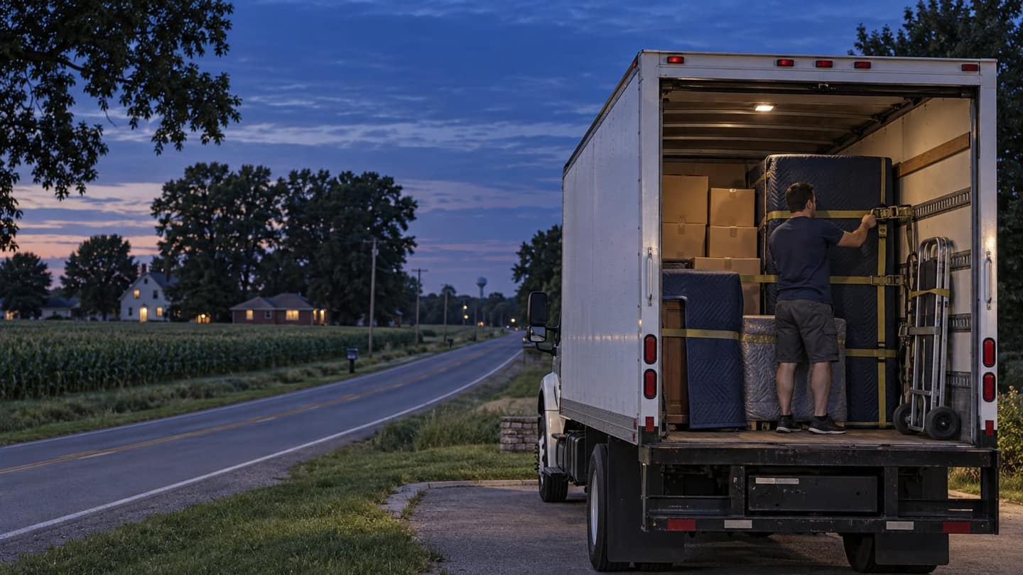 Arizona to Illinois move: a plain white moving truck is parked in a paved roadside scenic pull-off beside a flat agricultural township road.