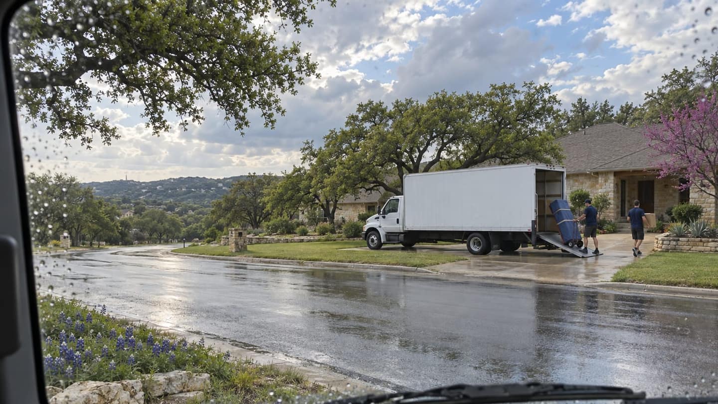 Arizona to Texas move: across the wet reflective asphalt, on the right two thirds.