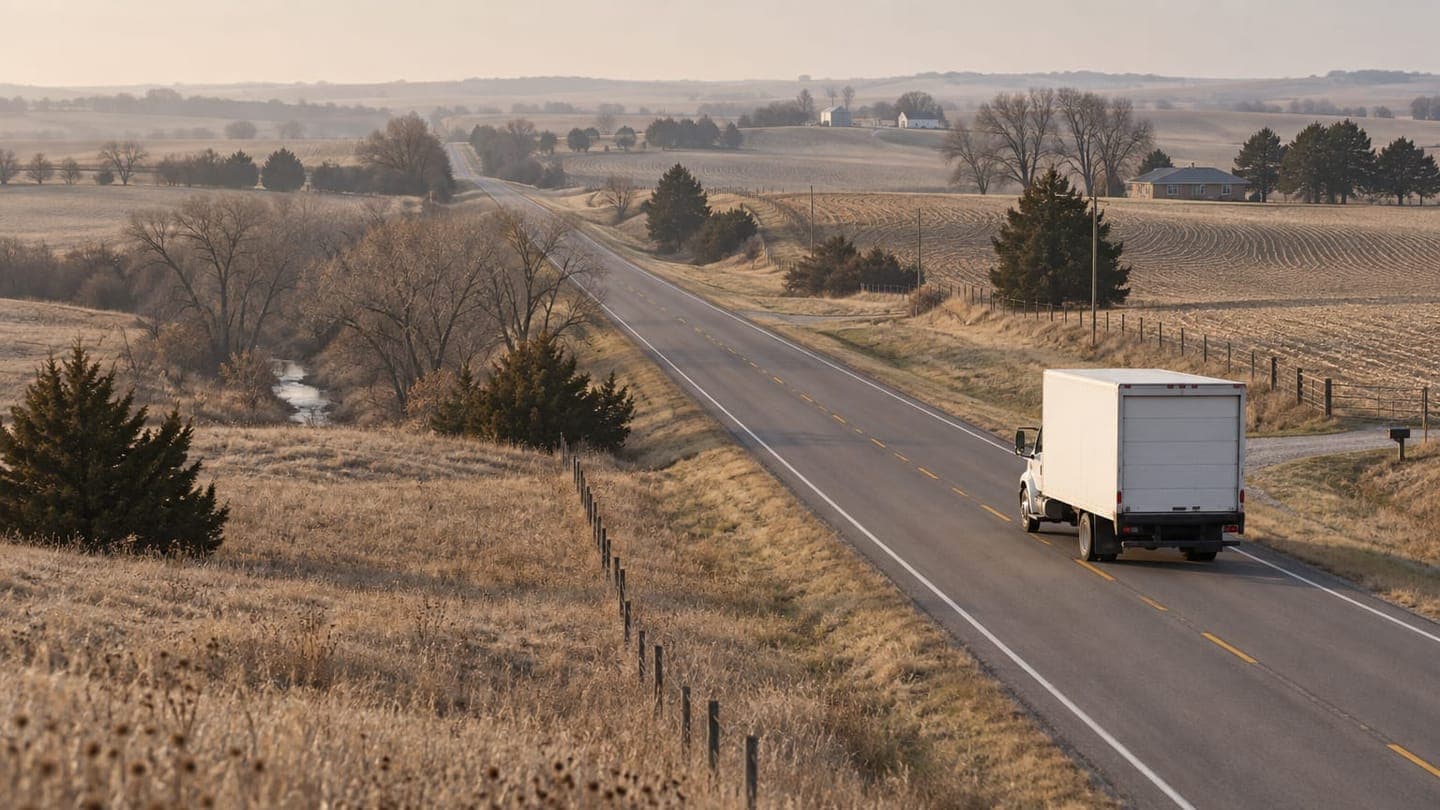 A white moving truck crosses rolling Kansas farmland on an empty two-lane road.