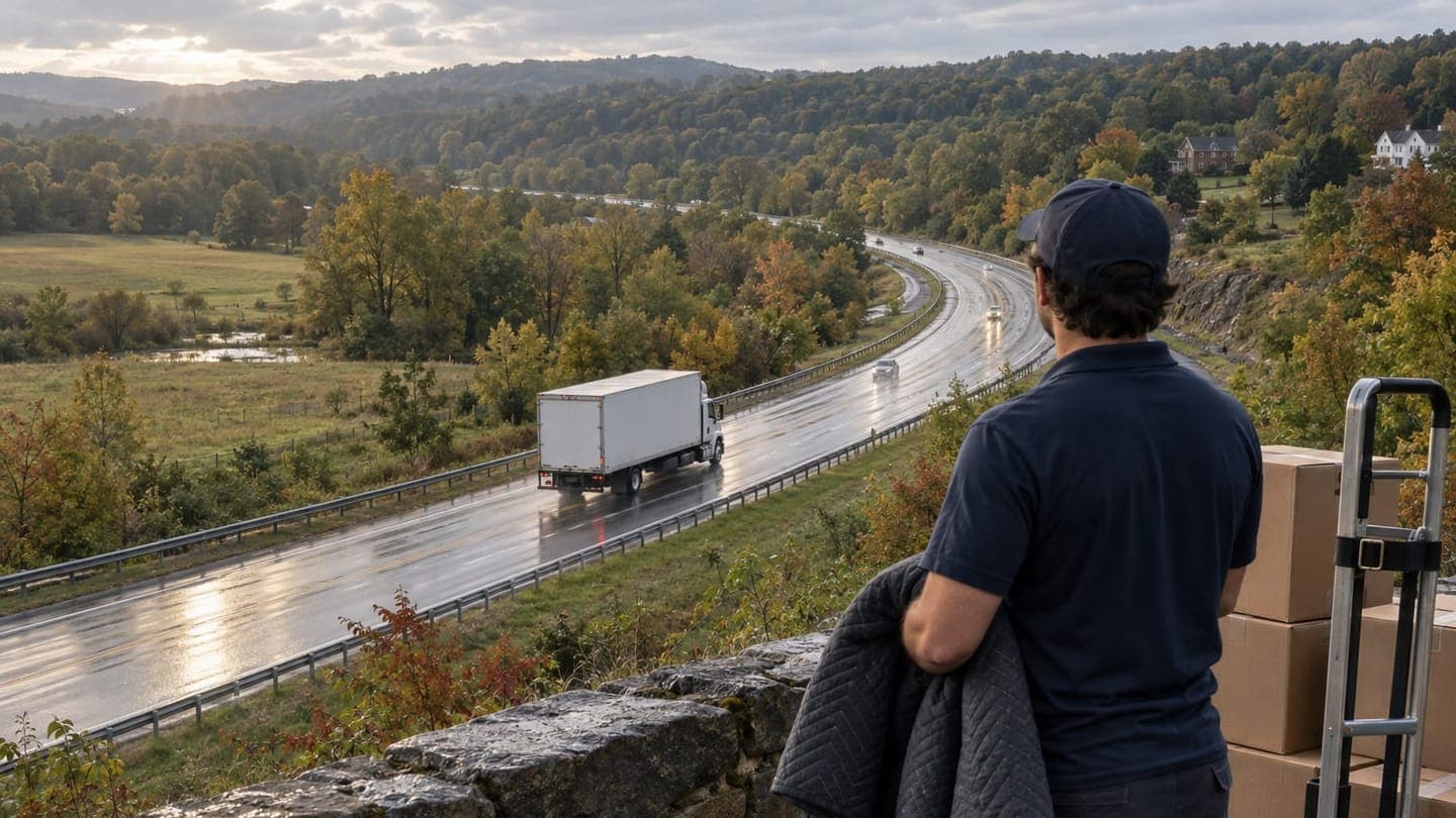 A mover holding a pad watches a moving truck travel a wet highway through Maryland woods.