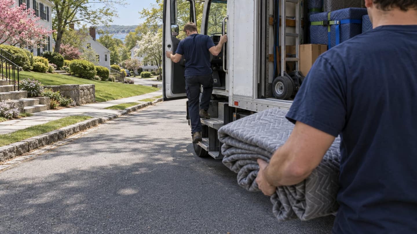 California to Massachusetts move: ahead, a plain white moving truck has just parked, shown obliquely along its passenger side, never front-on.
