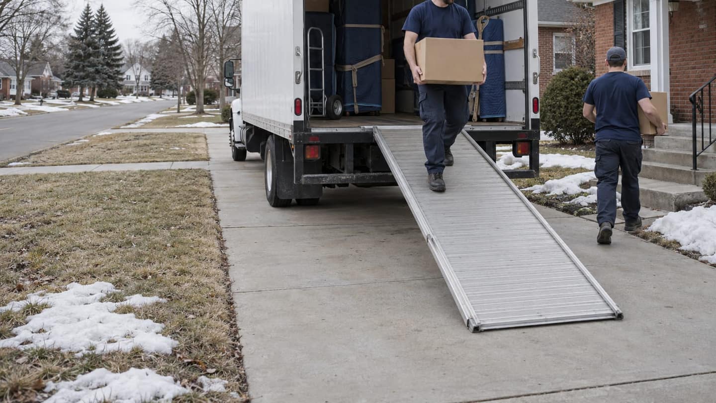 California to Michigan move: show the side and open rear of a plain white moving truck, aluminum ramp securely lowered.
