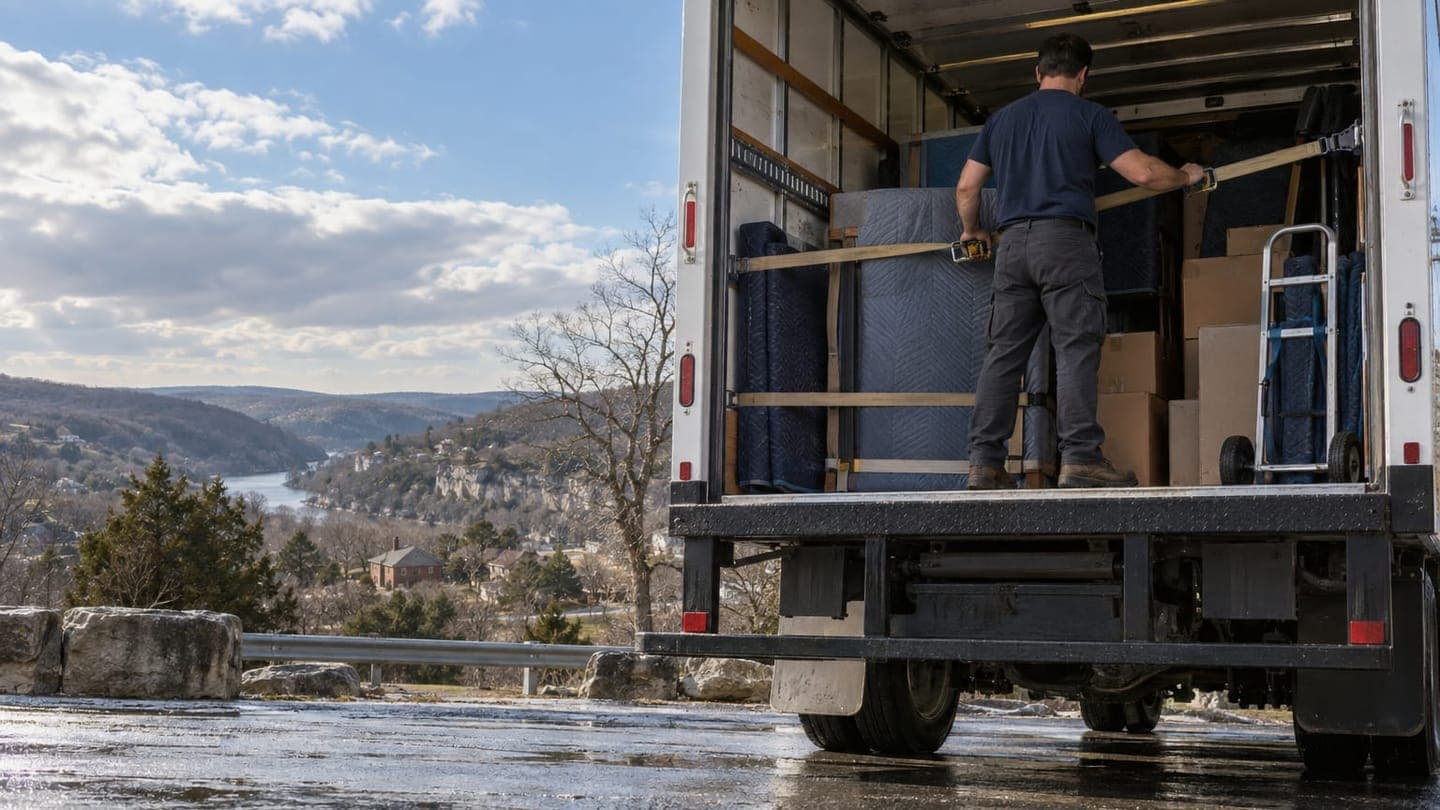 A mover straps padded furniture inside a truck parked above an Ozark river valley.