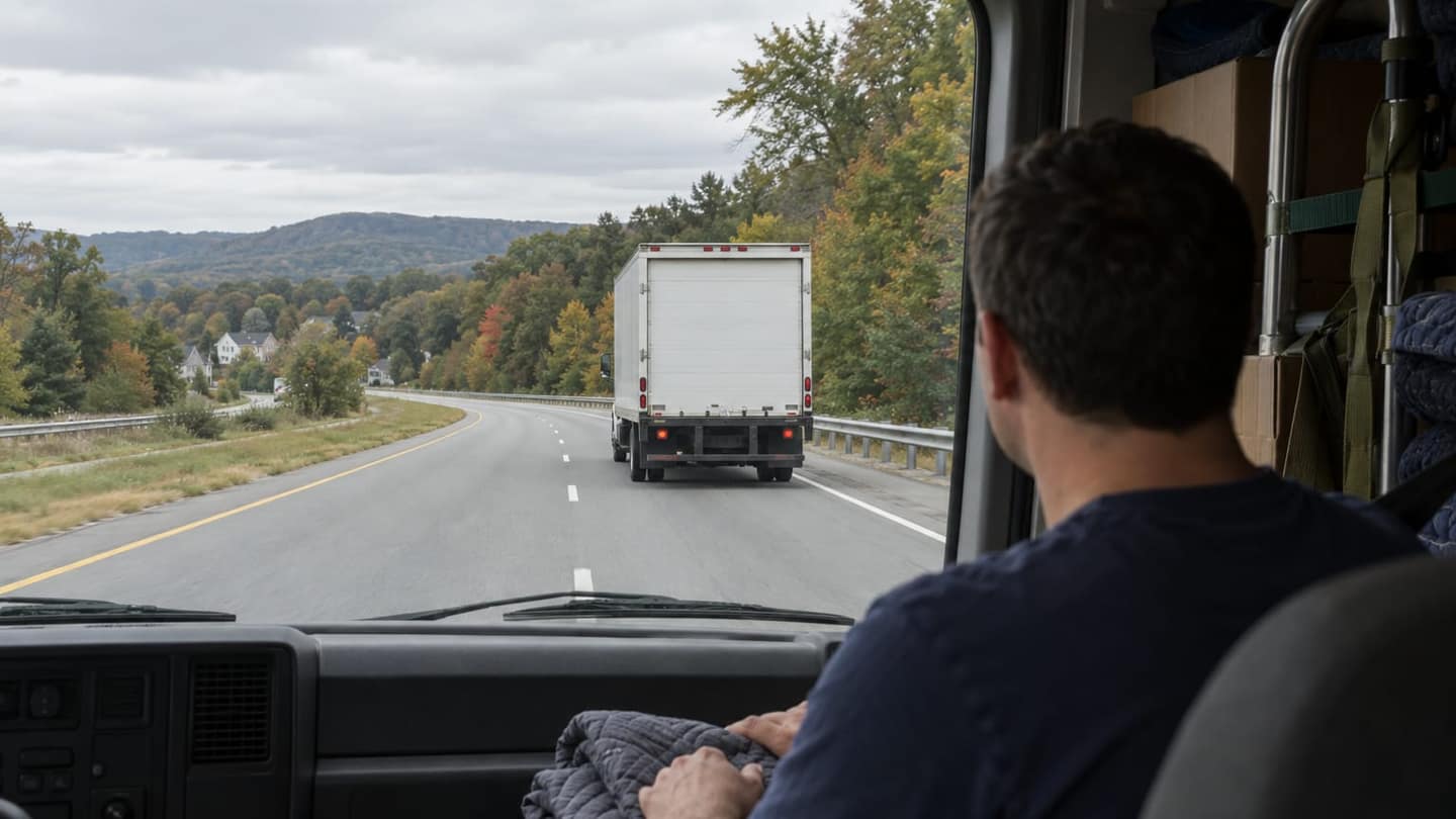 California to New Jersey move: ahead in the right lane, show the rear of a plain white box truck, closed roll-up door, realistic hinges, bumper.