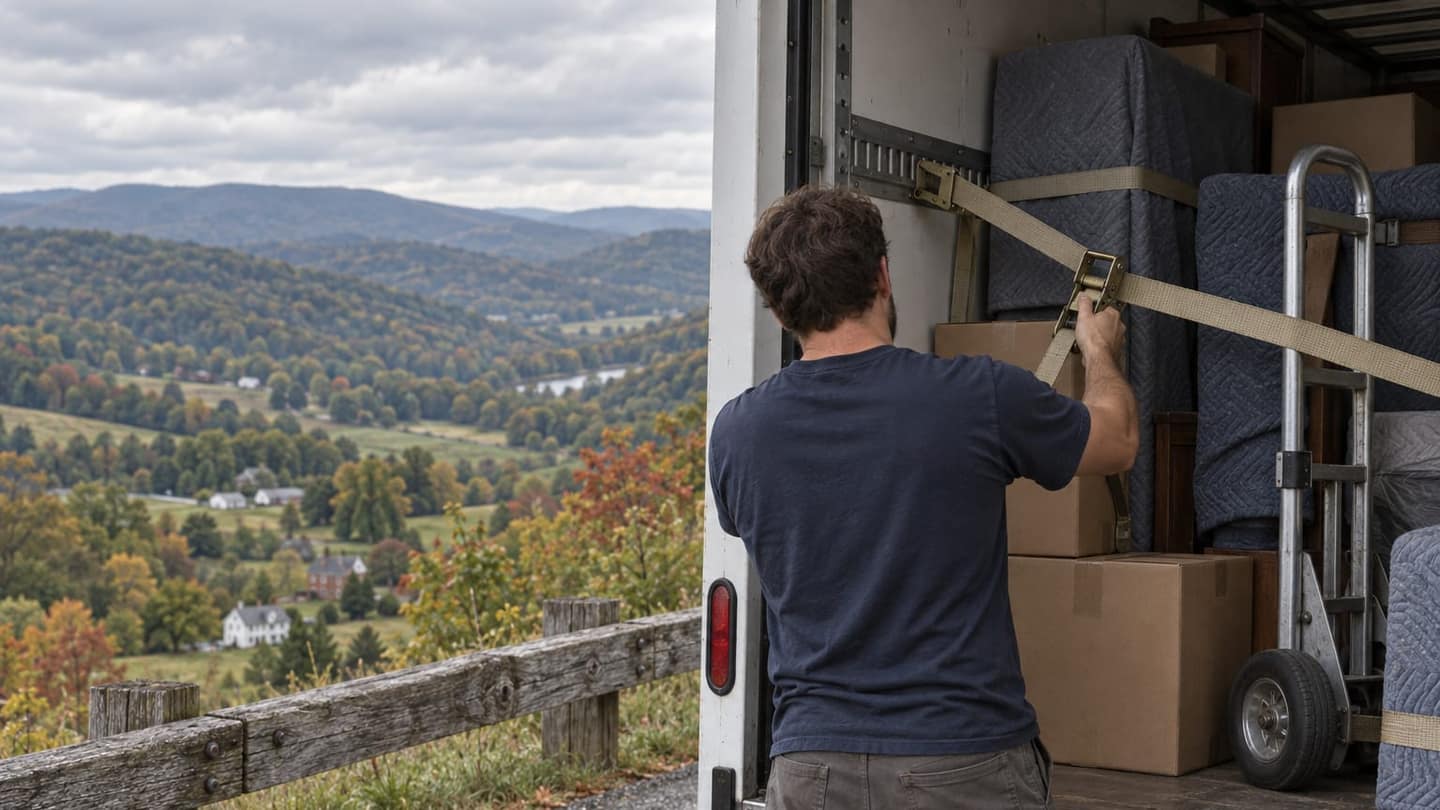 California to Pennsylvania move: inside are quilted gray moving blankets around furniture, unmarked brown cardboard boxes stacked heavier below.