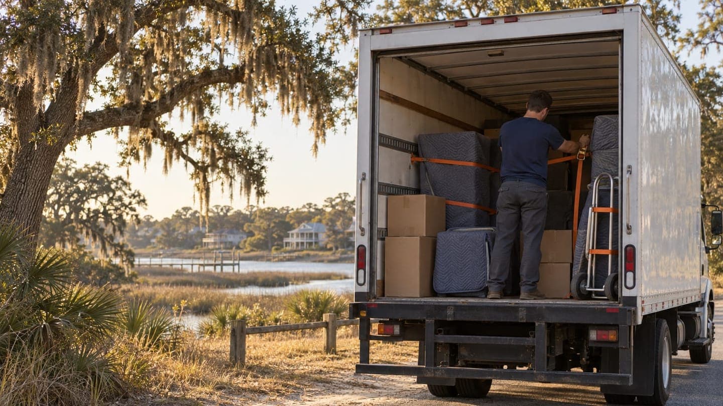 A mover straps boxes and padded furniture inside a truck by a marsh with Spanish moss.