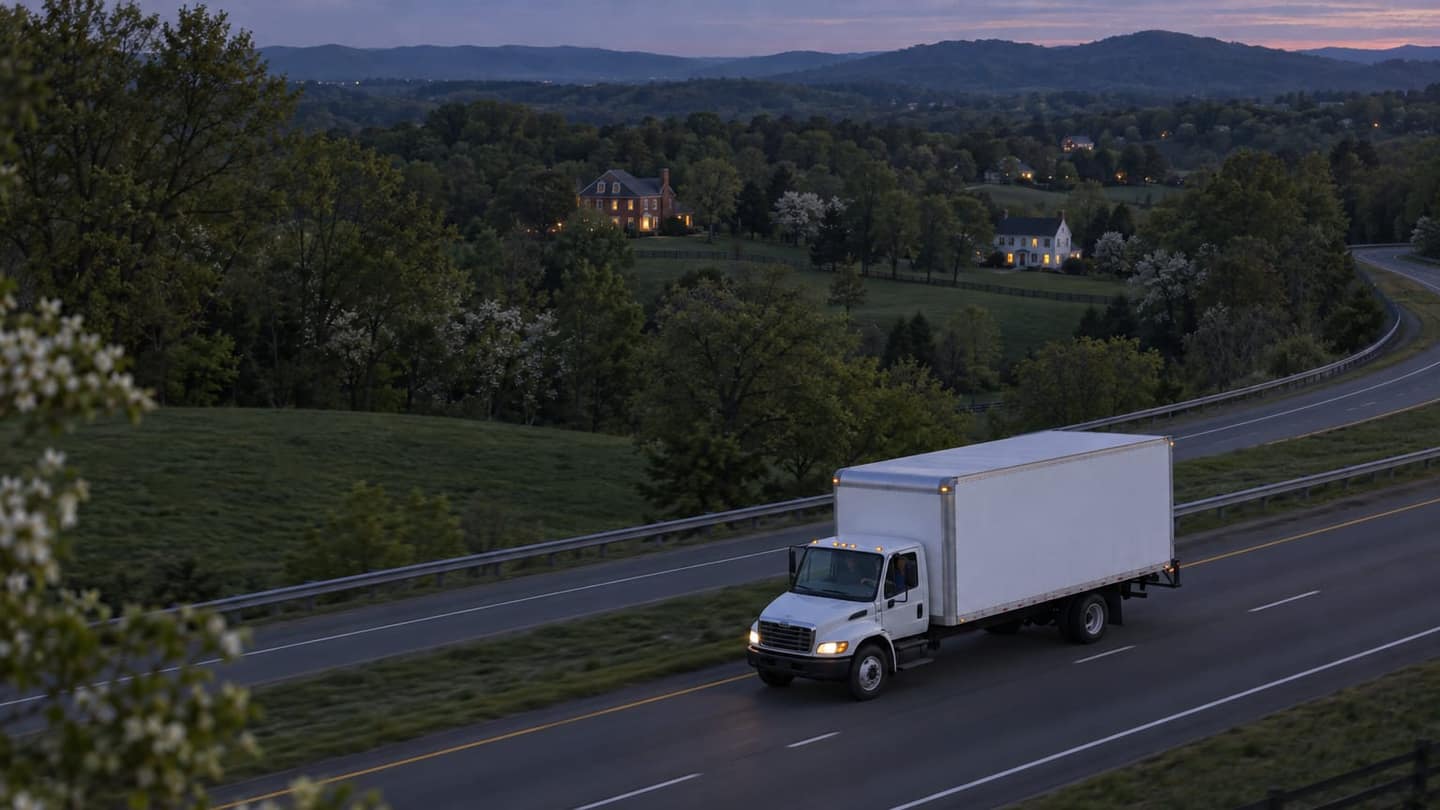 California to Virginia move: closed cargo doors conceal cardboard boxes, quilted moving blankets, furniture secured to cargo rails with straps.