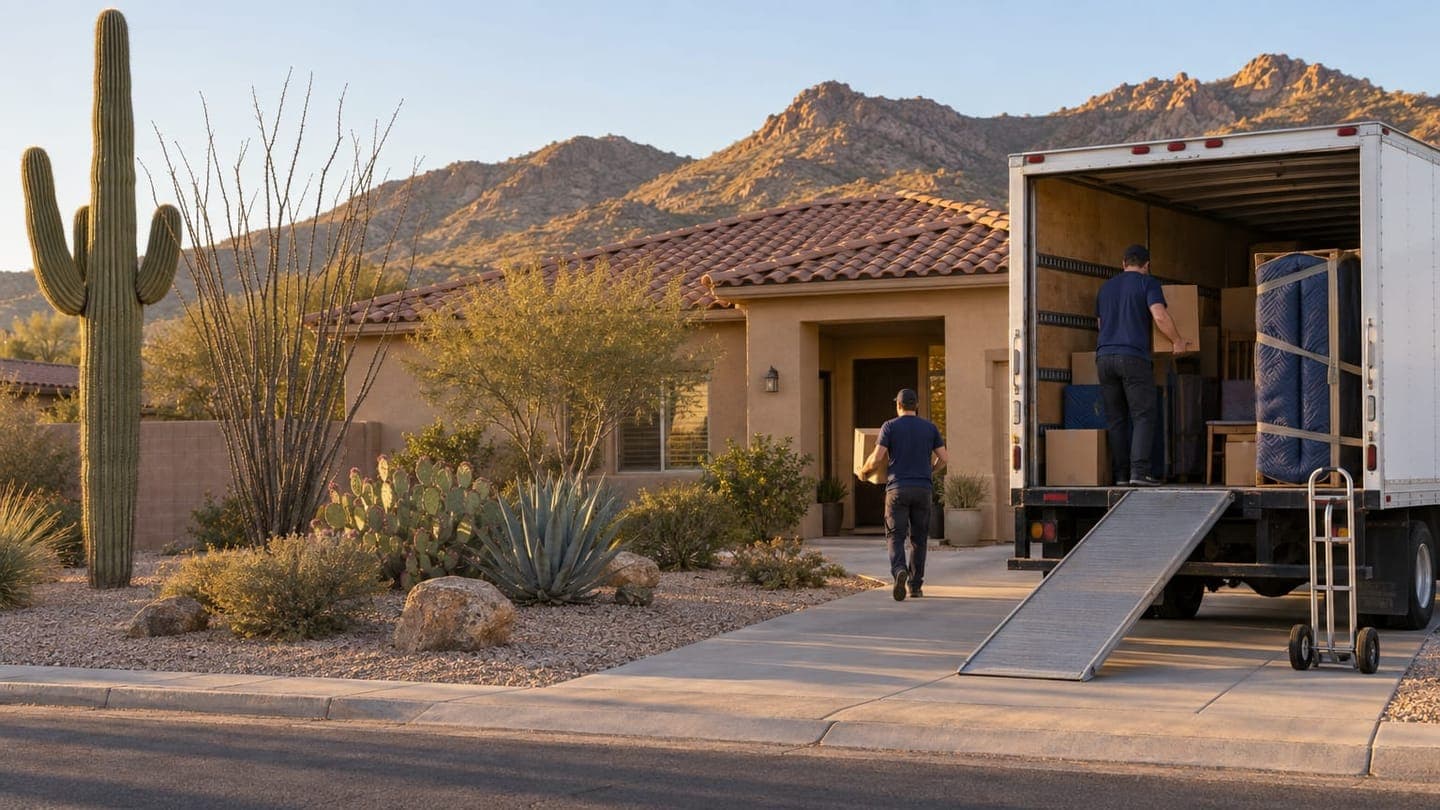 Movers unload a truck by ramp at a stucco house with a saguaro and desert mountains behind.