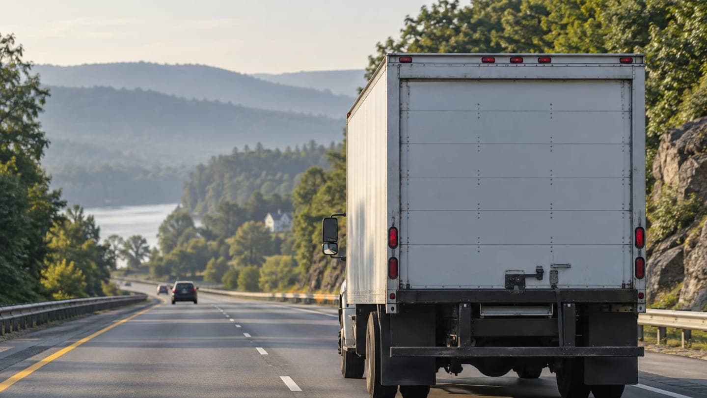 A white moving truck on a highway above the Hudson River in morning light.