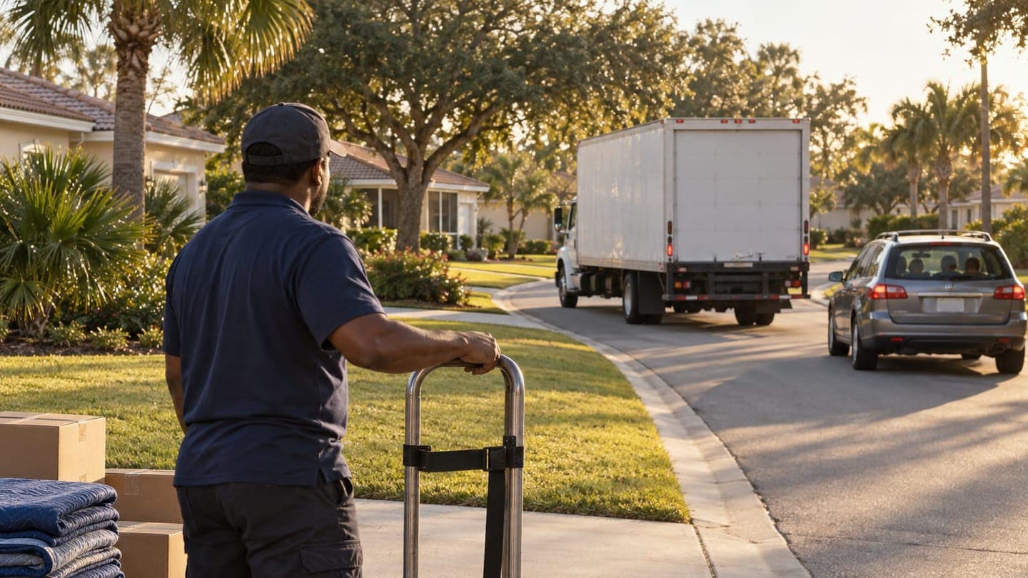 A mover with a hand truck watches the moving truck and a family car pull away past palm trees.