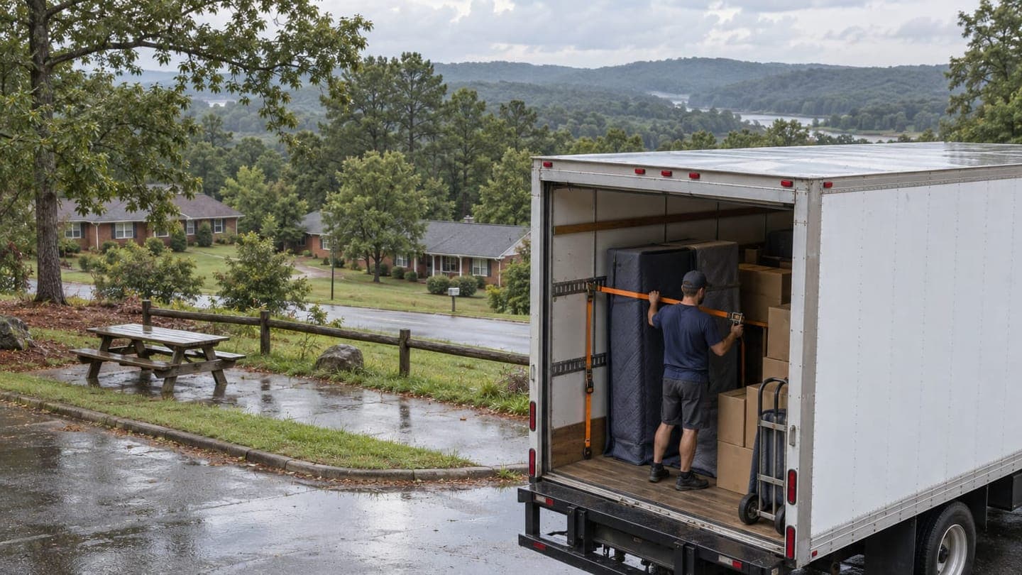 A mover straps the load inside a truck parked by a rest area above an Alabama lake.