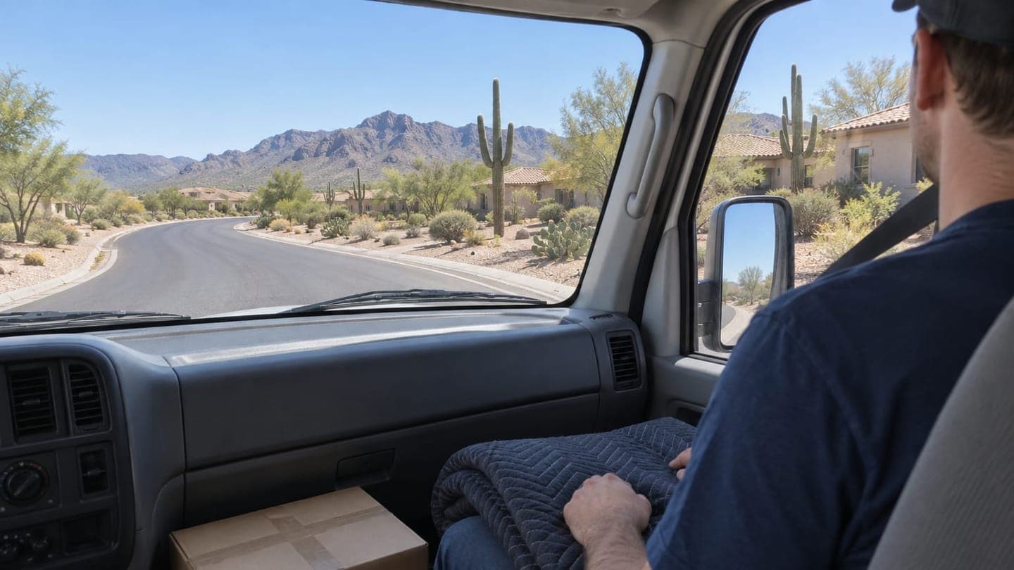 A mover rides in the cab through a desert neighborhood with saguaros and mountains.