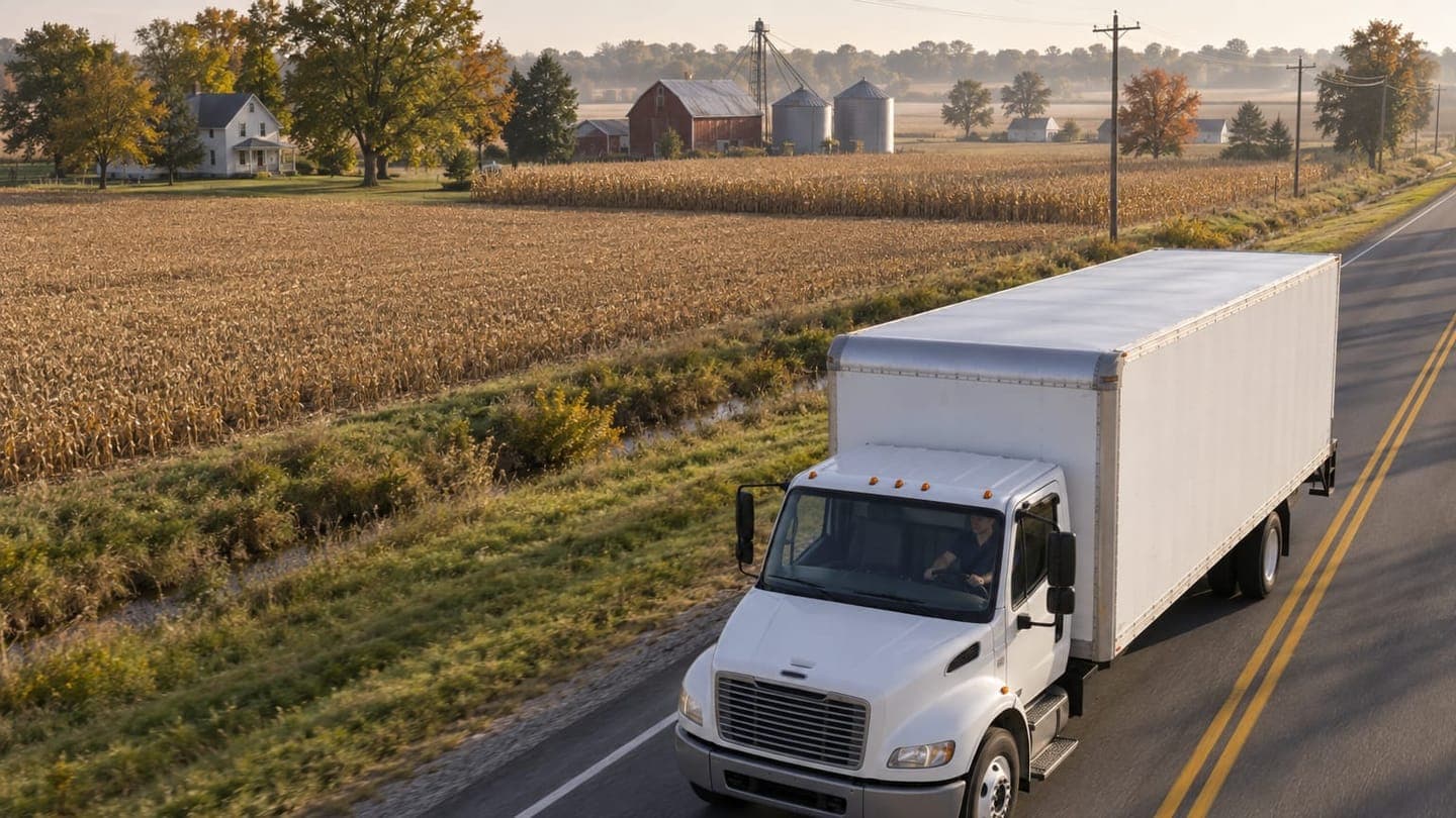A white moving truck drives past cornfields and grain silos on a two-lane farm road.