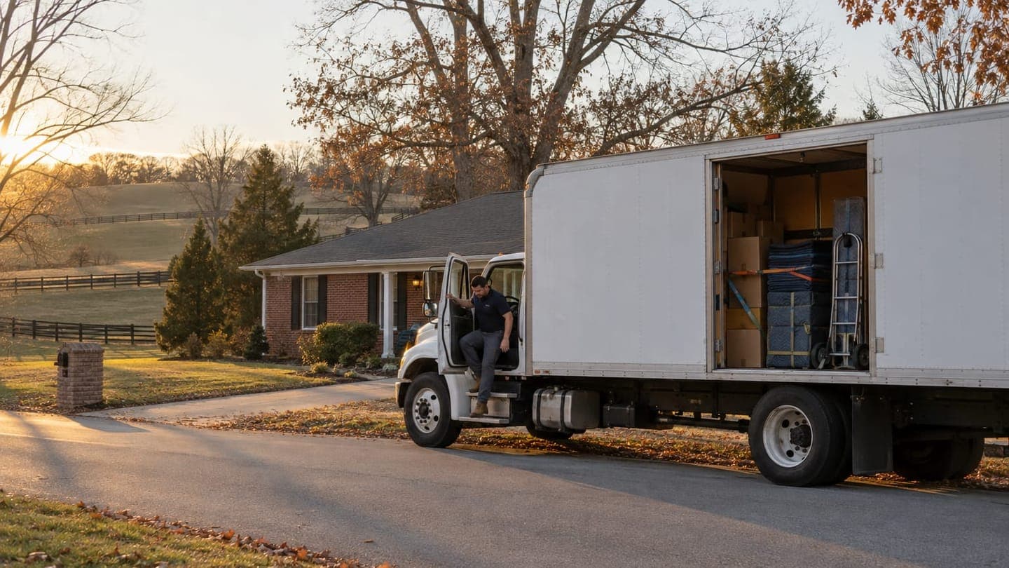 A mover steps out of a truck at a brick ranch house on a Kentucky horse farm in autumn.