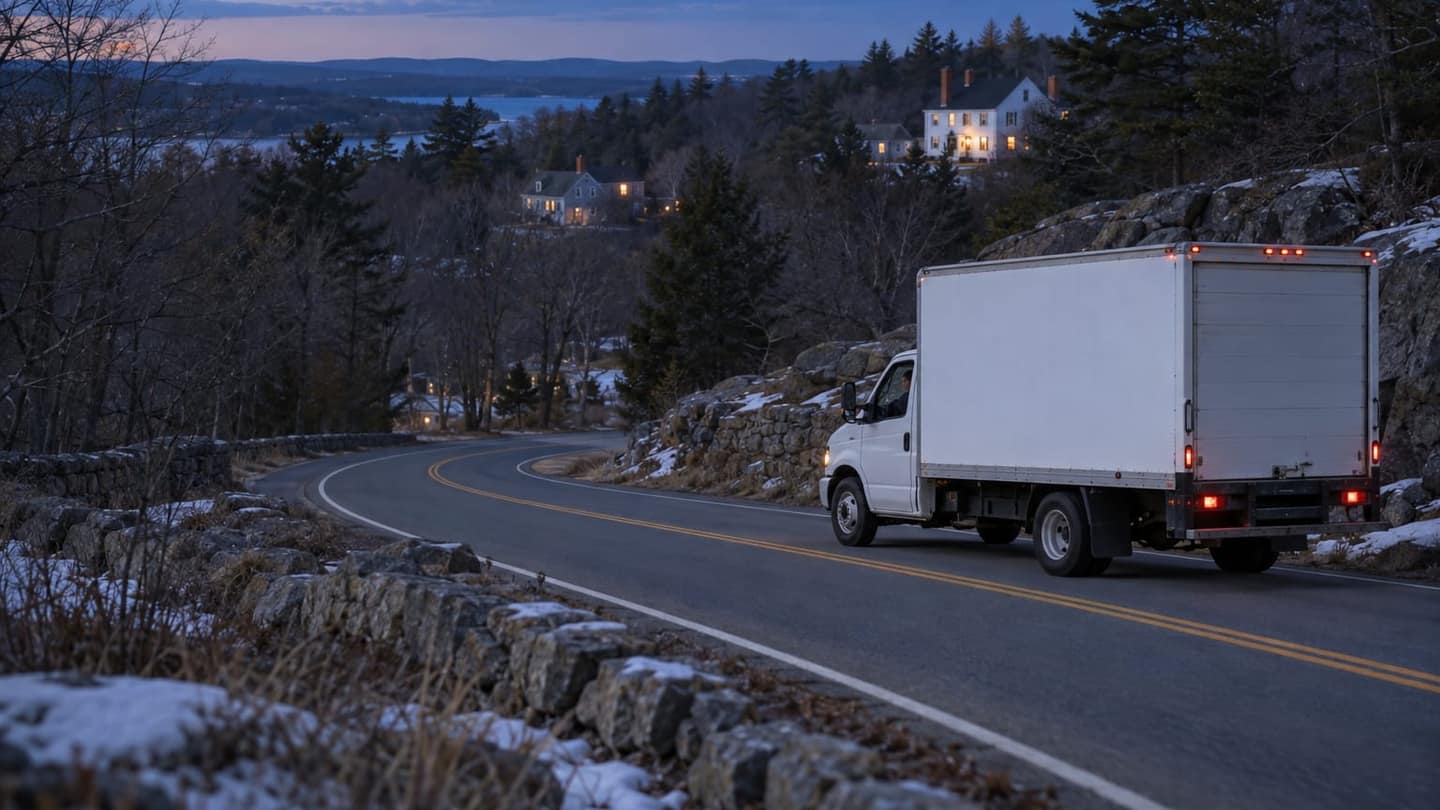 Florida to Massachusetts move: its cargo door is securely closed: cardboard boxes, quilted moving blankets, furniture secured with ratchet straps.