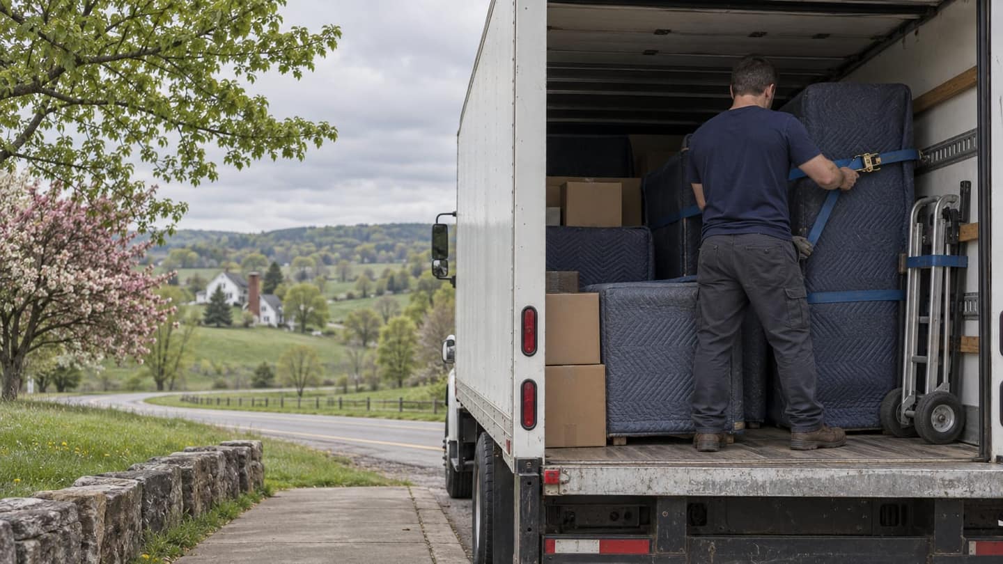 Florida to Ohio move: a plain white moving truck occupies the right two thirds, its rear roll-up door open; calmer grass and landscape fill the left.