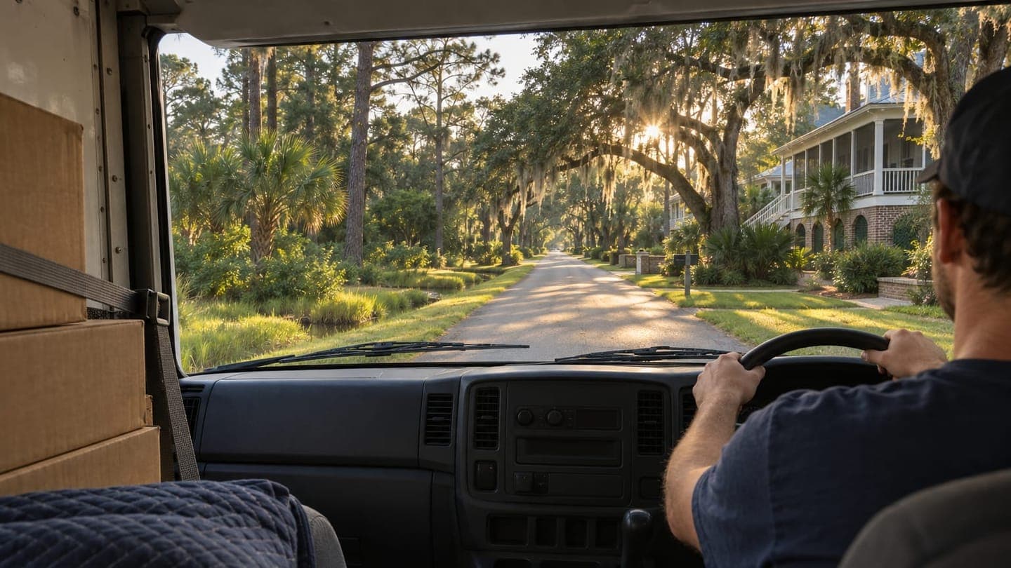 A mover drives a loaded truck down a lane under moss-draped oaks.