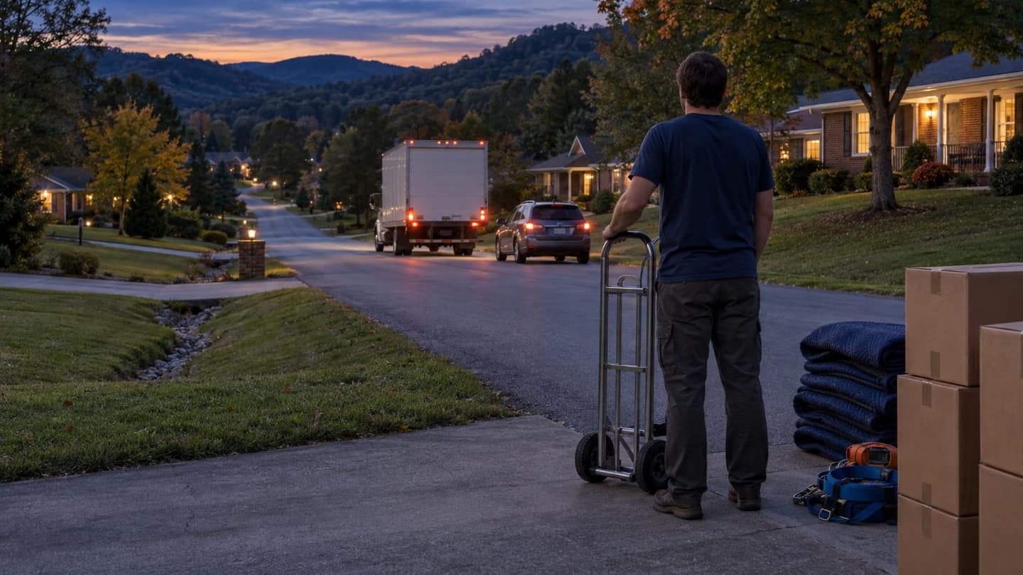 Florida to Tennessee move: his right hand rests naturally on an upright empty steel hand truck.