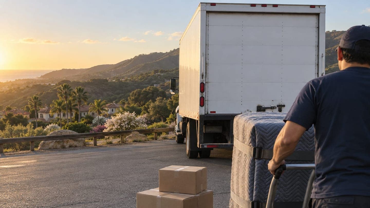 A mover with a padded dolly waits behind a moving truck on a California coastal hill at sunset.