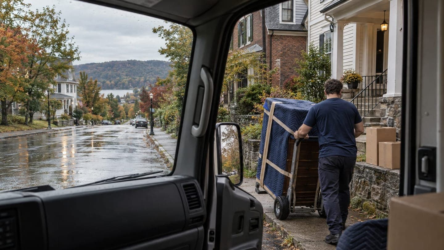 Seen from the truck cab, a mover wheels a padded dresser on a dolly toward a townhouse on a wet street.