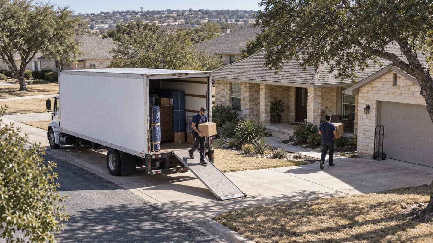 Movers carry boxes down a ramp to a limestone house in Texas.