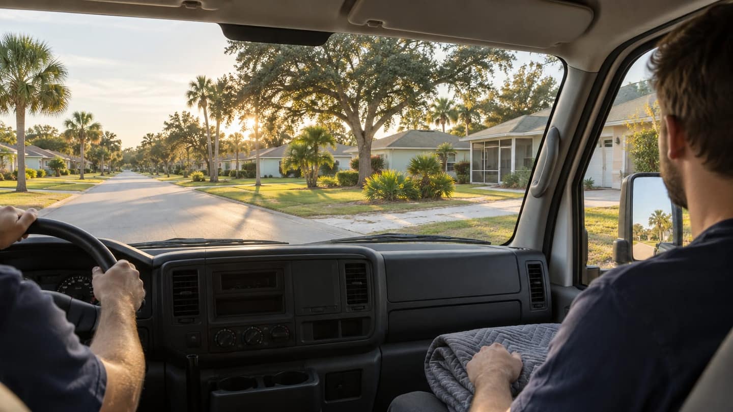 Kentucky to Florida move: a second navy-shirted mover drives from the left seat, mostly cropped, hands correctly gripping the steering wheel.