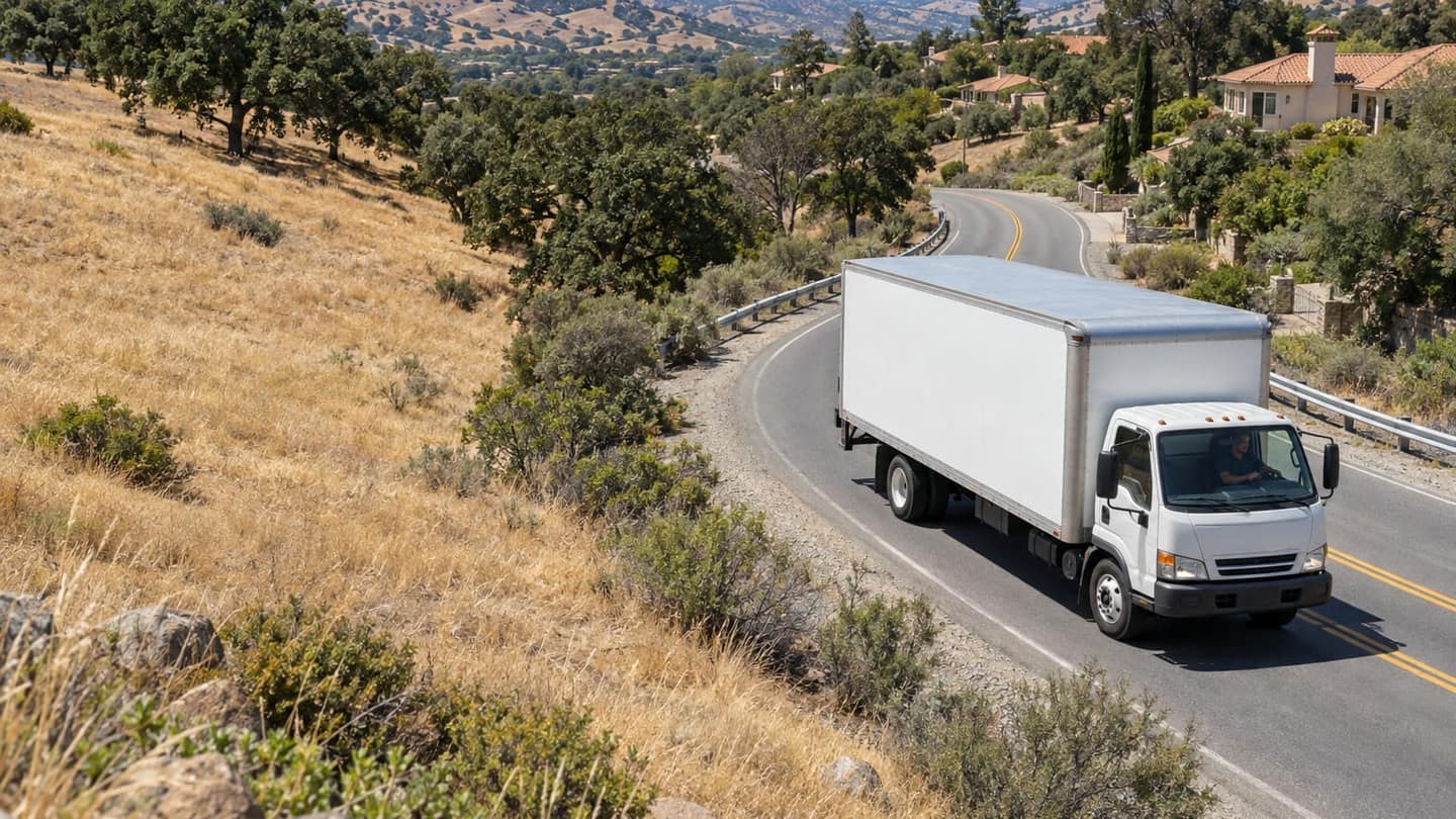 Maryland to California move: closed cargo doors conceal securely strapped furniture wrapped in quilted moving blankets.