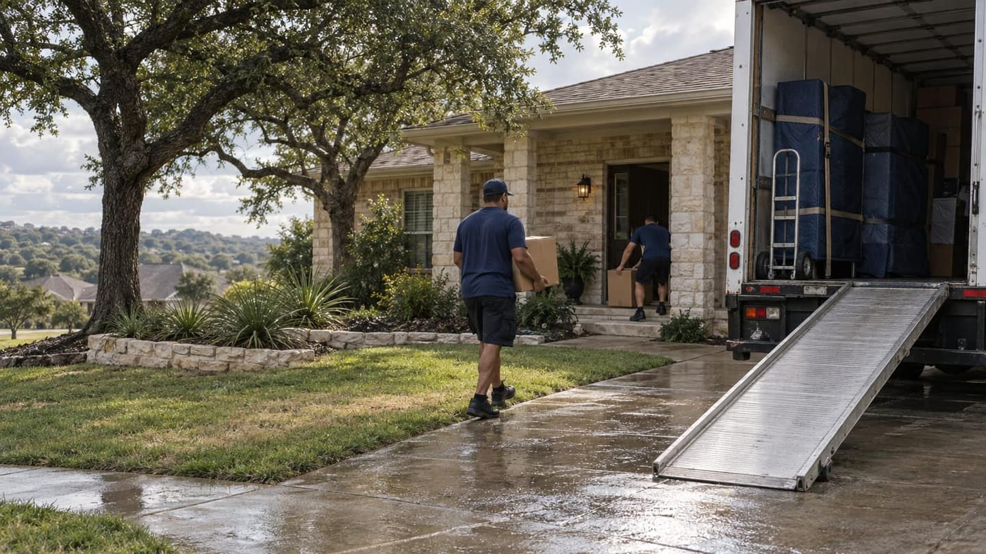 Maryland to Texas move: a plain white moving truck is seen obliquely from its open rear and side, aluminum ramp securely down.